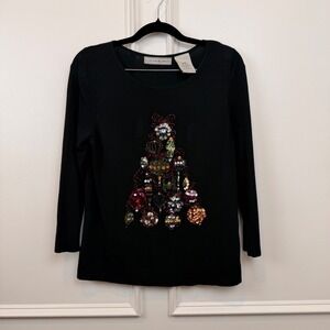 Lucia Burns Womens Black Beaded Christmas Tree‎ Ornament Knit Top Large Holiday